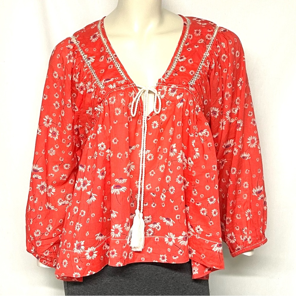 Free People Red Floral Peasant Blouse with Tassel Tie